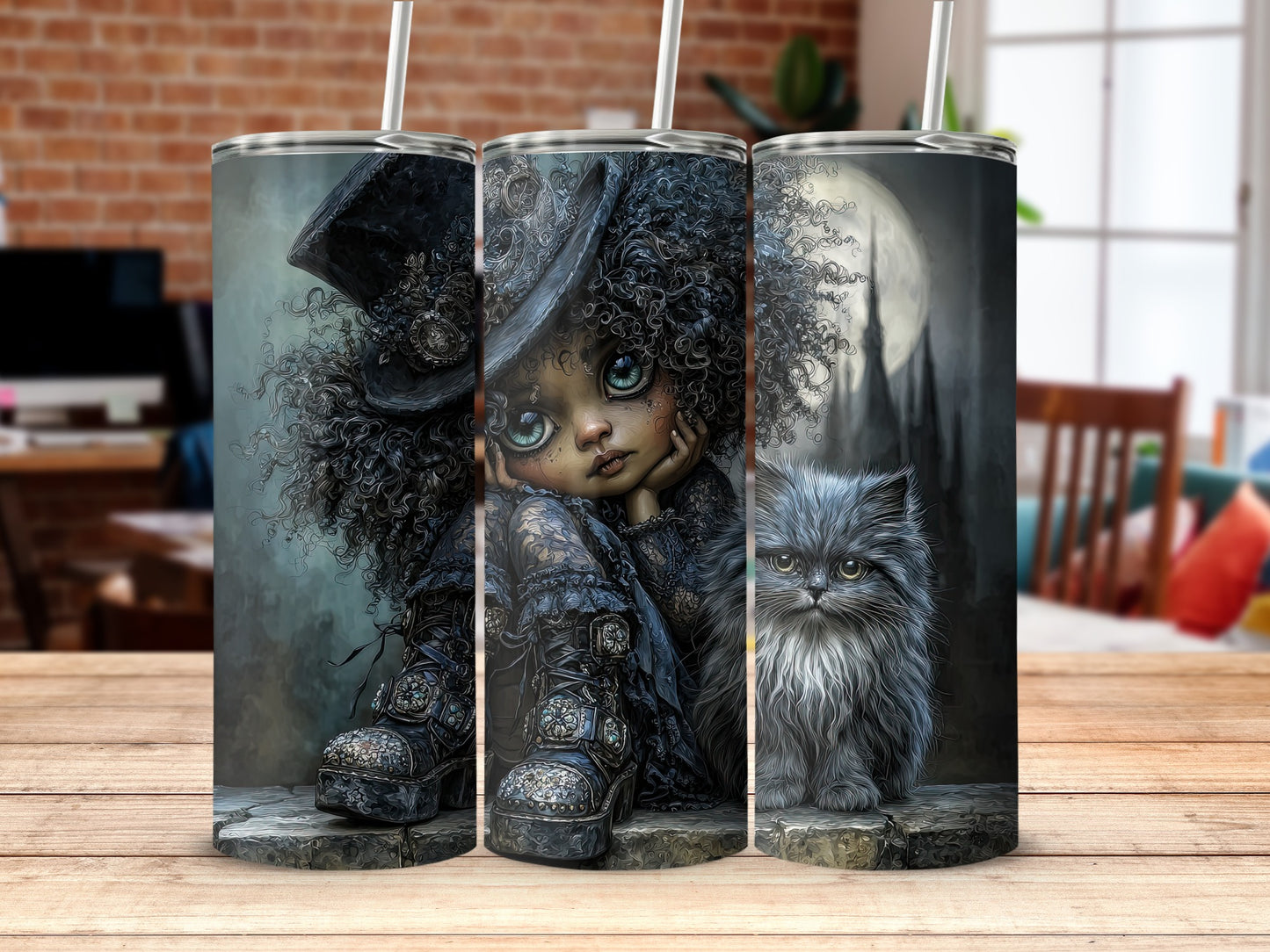 Gothic Fantasy Artwork Tumbler with Hat and Cat Design
