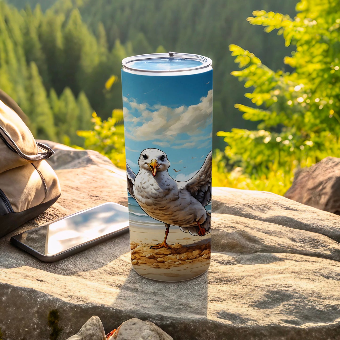 Seagull design on a tall, cylindrical tumbler with beach and ocean background.