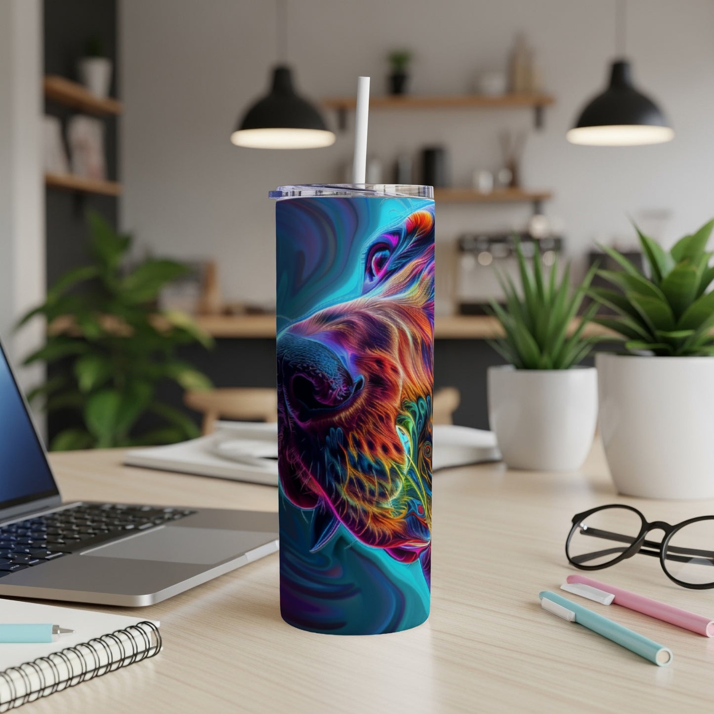Abstract colorful dog portrait on a blue patterned insulated tumbler.