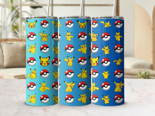 Pikachu and Poké Balls Blue Graphic Design Tumbler Cup