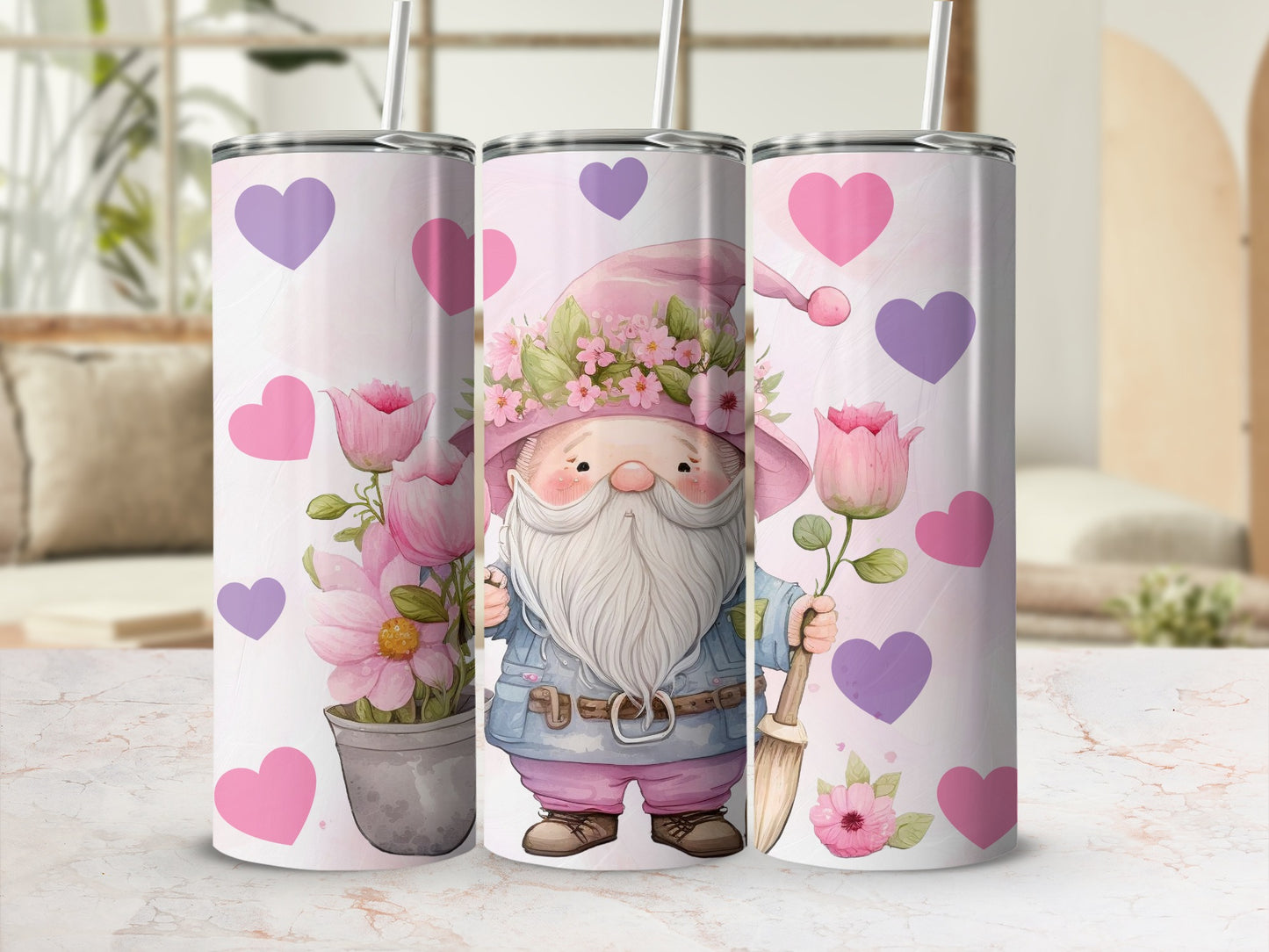 Cute Gnome with Flowers and Hearts Tumbler