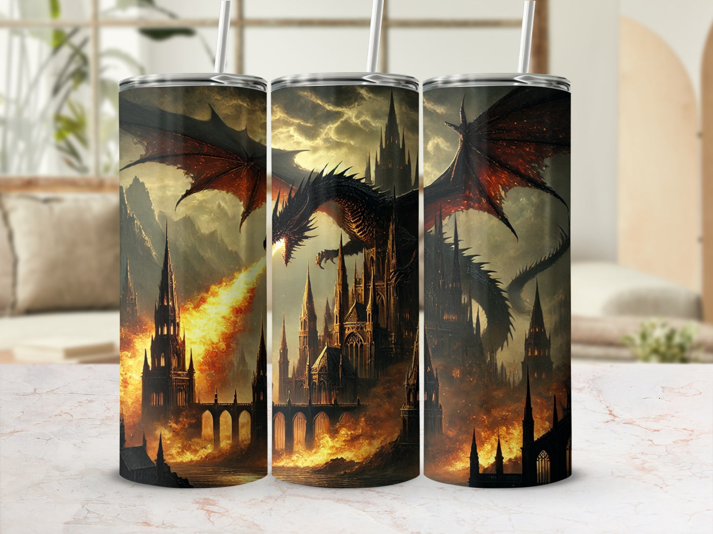 Dragon Fire Castle Themed Tumbler with Straw Product