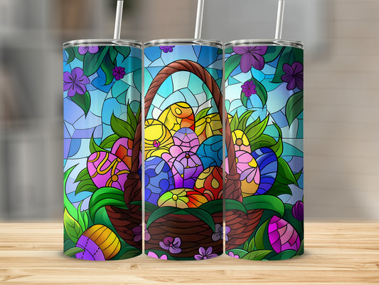 Stained glass Easter basket filled with colorful eggs and flowers.