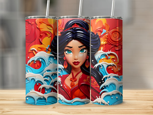 Vibrant artistic waves and woman illustration tumbler