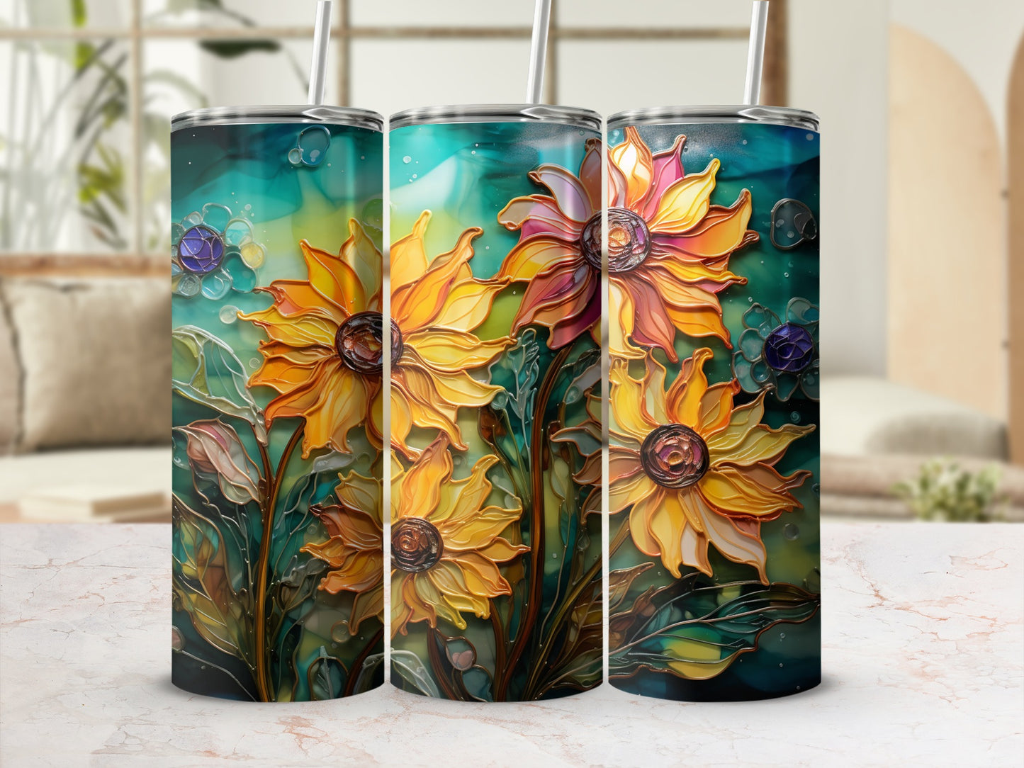 Vibrant Sunflower and Leaves Design Travel Tumbler