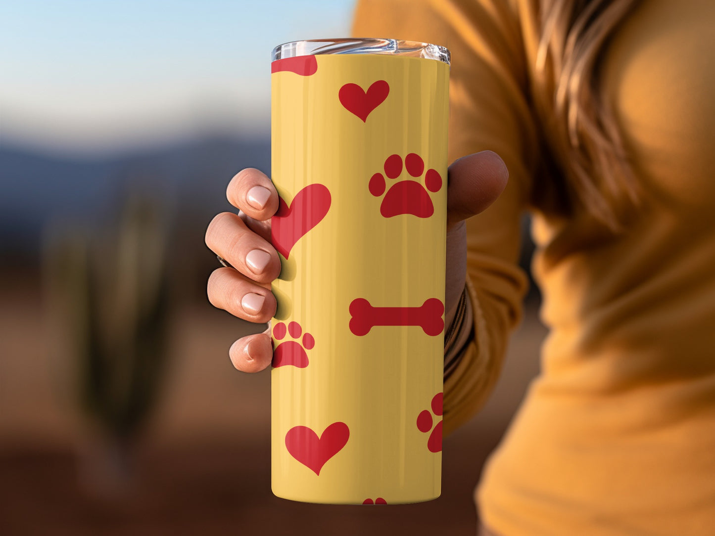 Yellow Tumbler with Red Hearts and Paws Design Tumbler