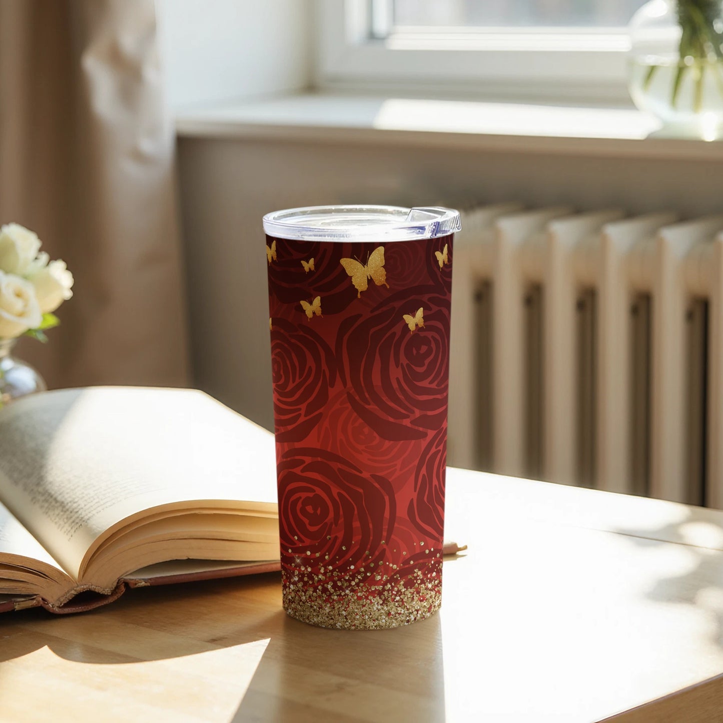 Elegant Red Butterfly Rose Design Travel Tumbler