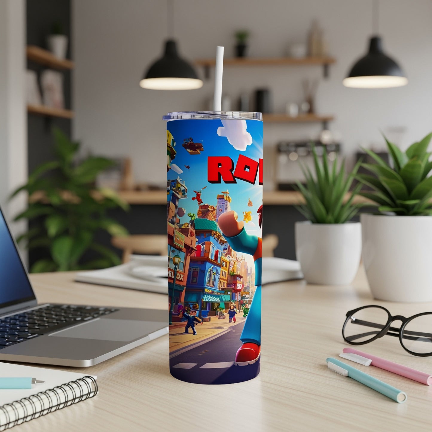 Roblox tumbler with colorful cityscape and character designs.