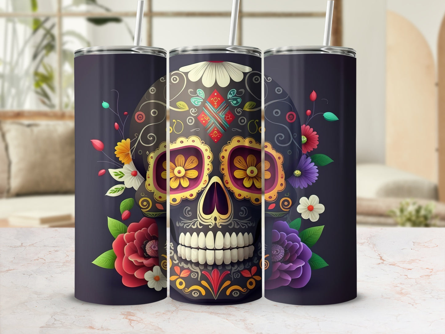 Vibrant Sugar Skull Floral Design Tumbler Cup