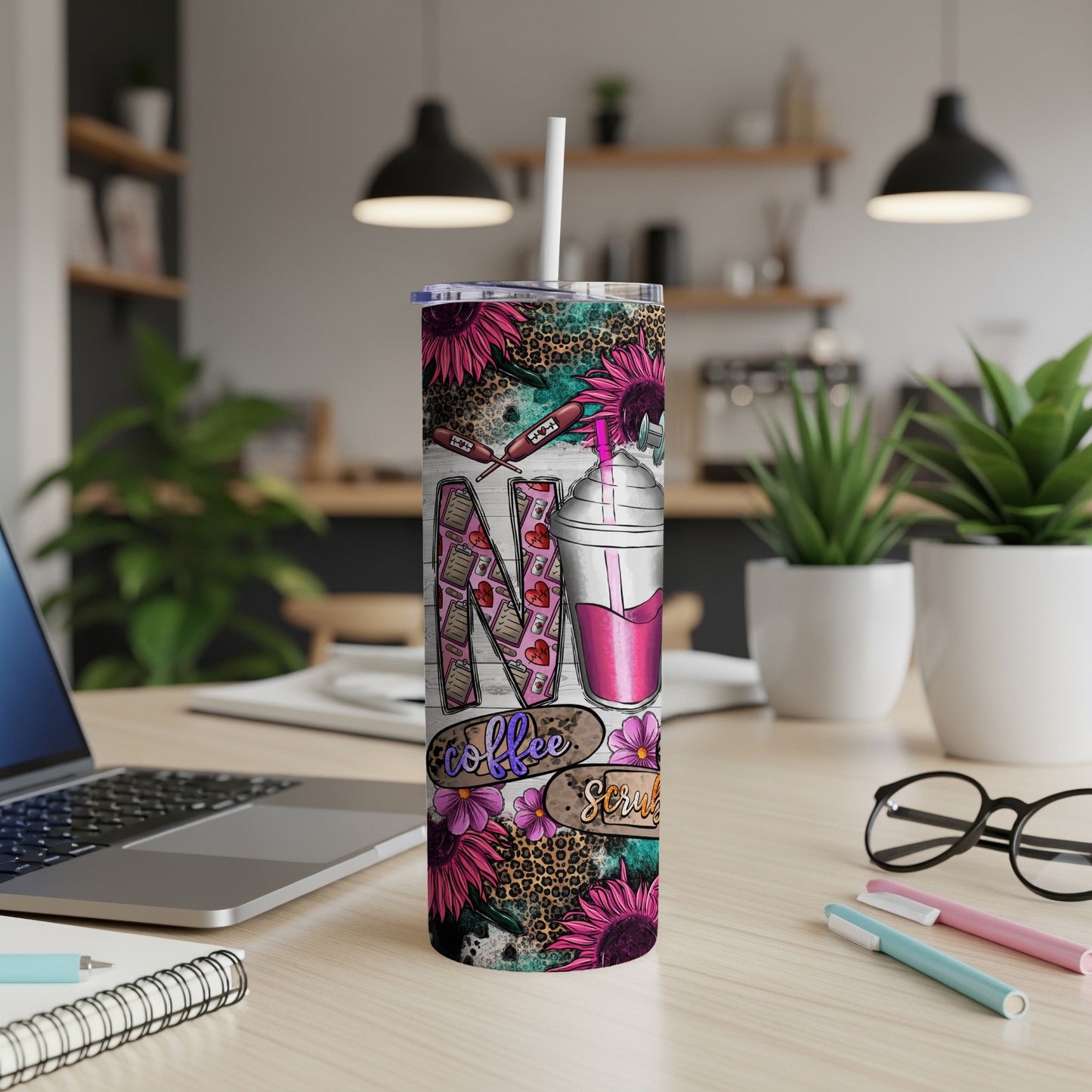 Tumbler with sunflowers, leopard print, and "Coffee Scrubs & Rubber Gloves" text.