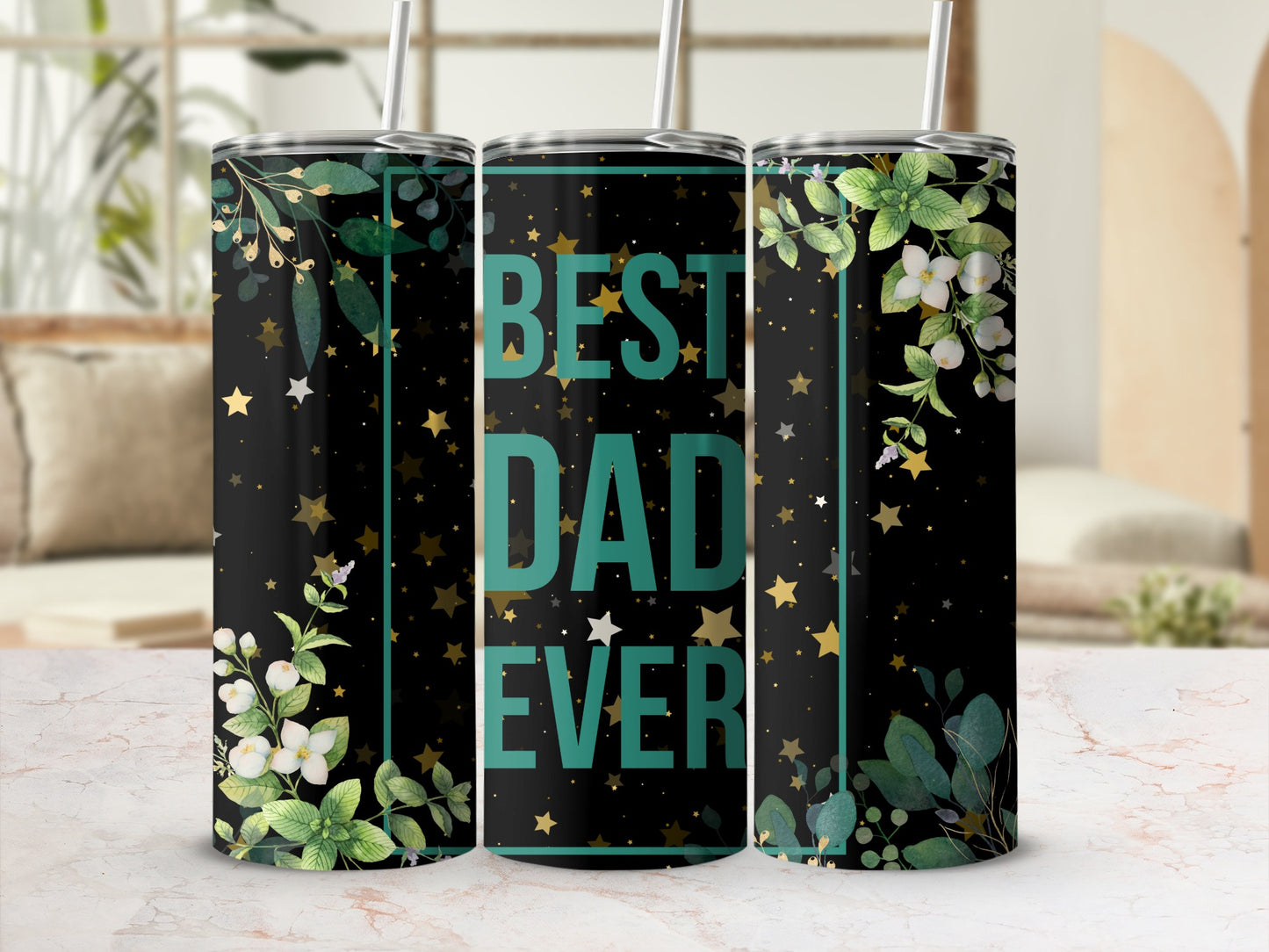 Best Dad Ever Floral and Starry Design Tumbler