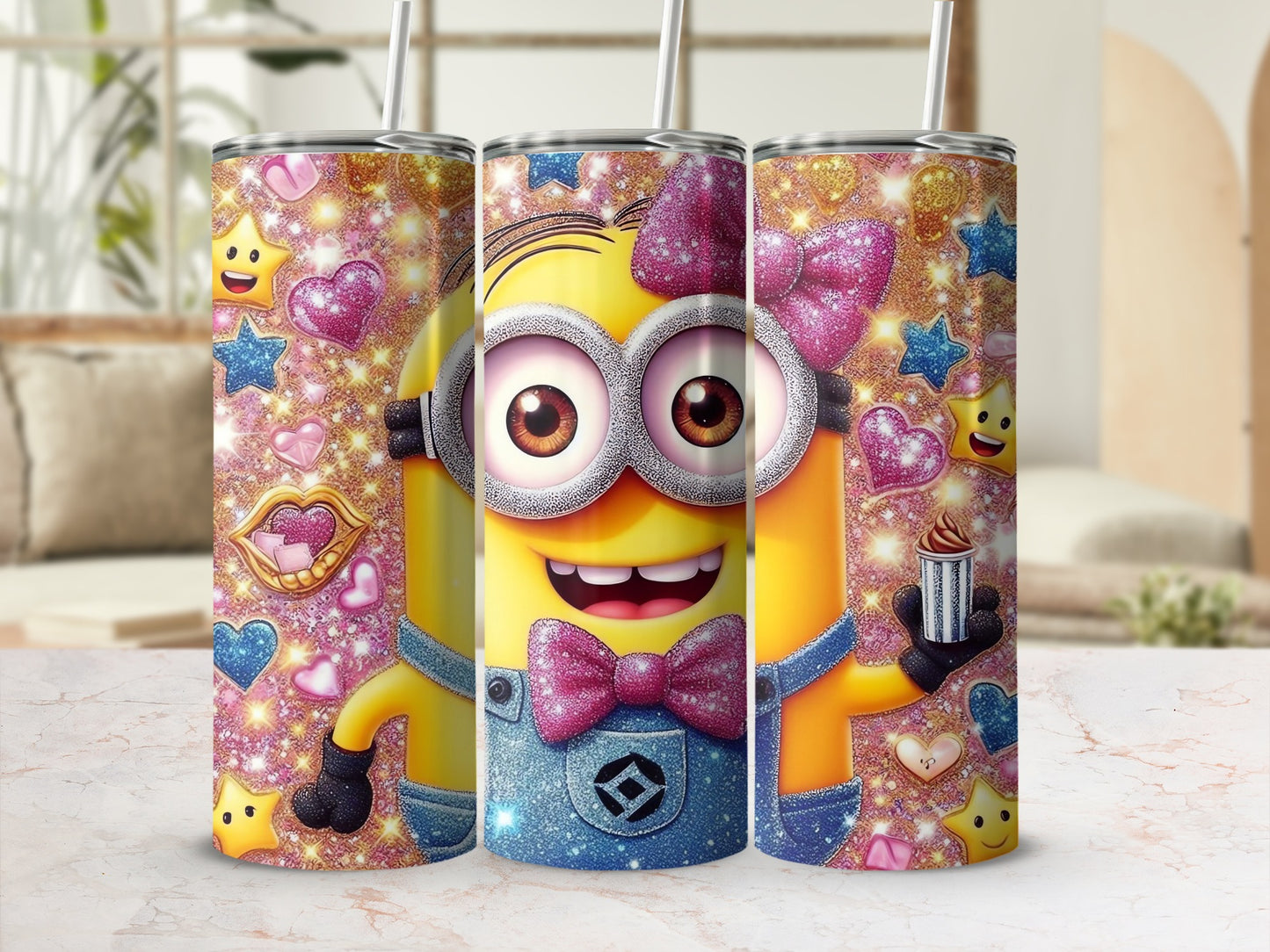 Glittery Cute Minion with Stars and Hearts Tumbler