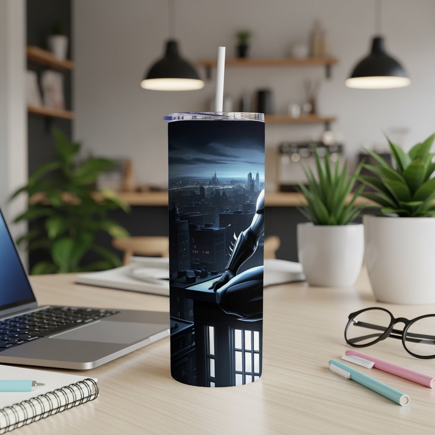 Superhero looking over city skyline on a tall tumbler cup.