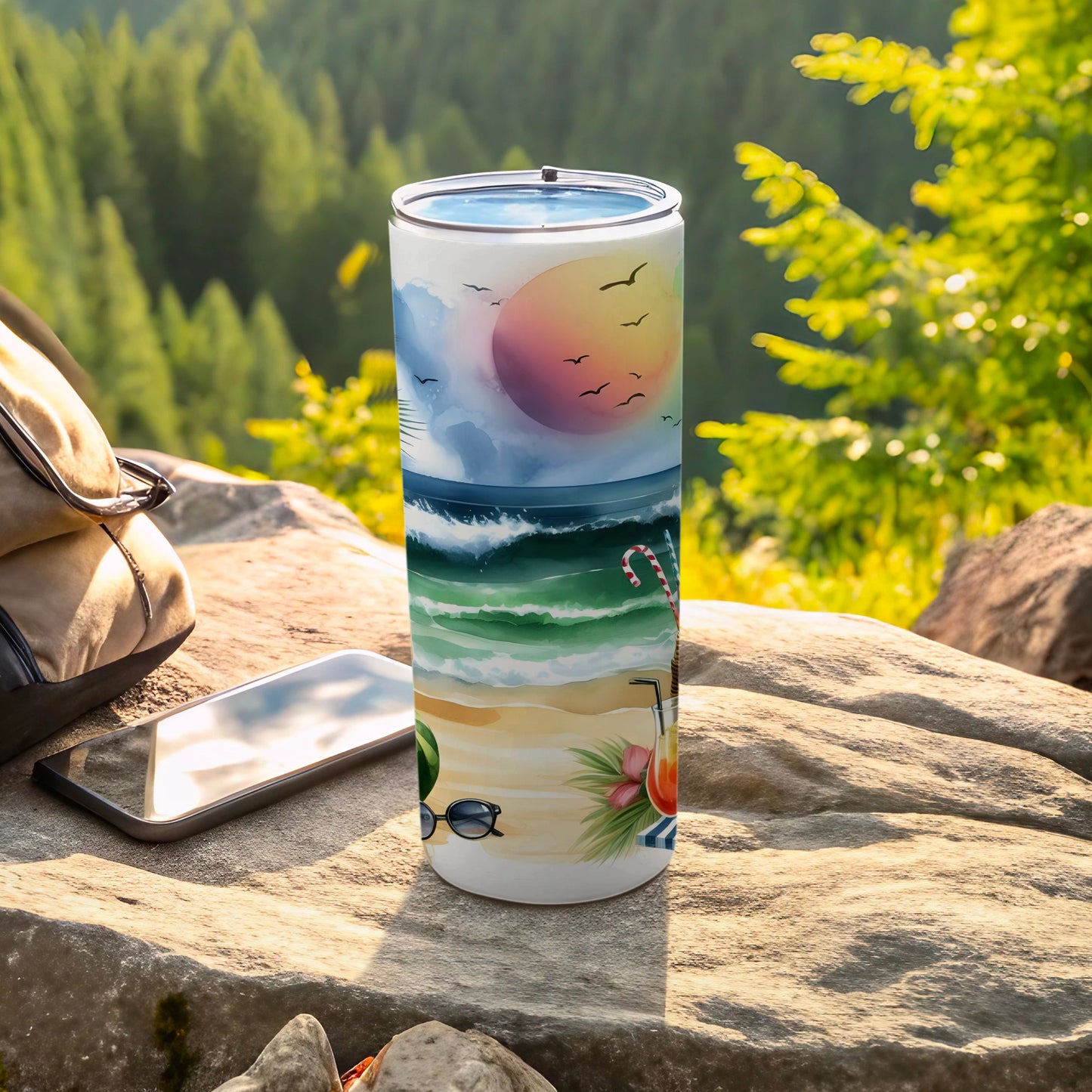 Beach scene tumbler with sunglasses, drink, and sunset art.