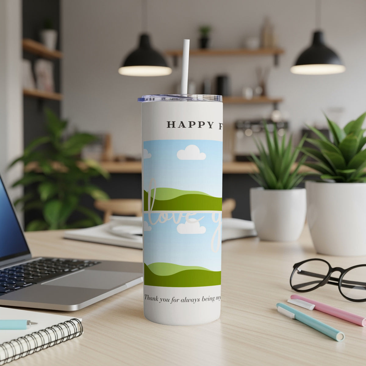 White tumbler with "Happy Father's Day" and landscape design.