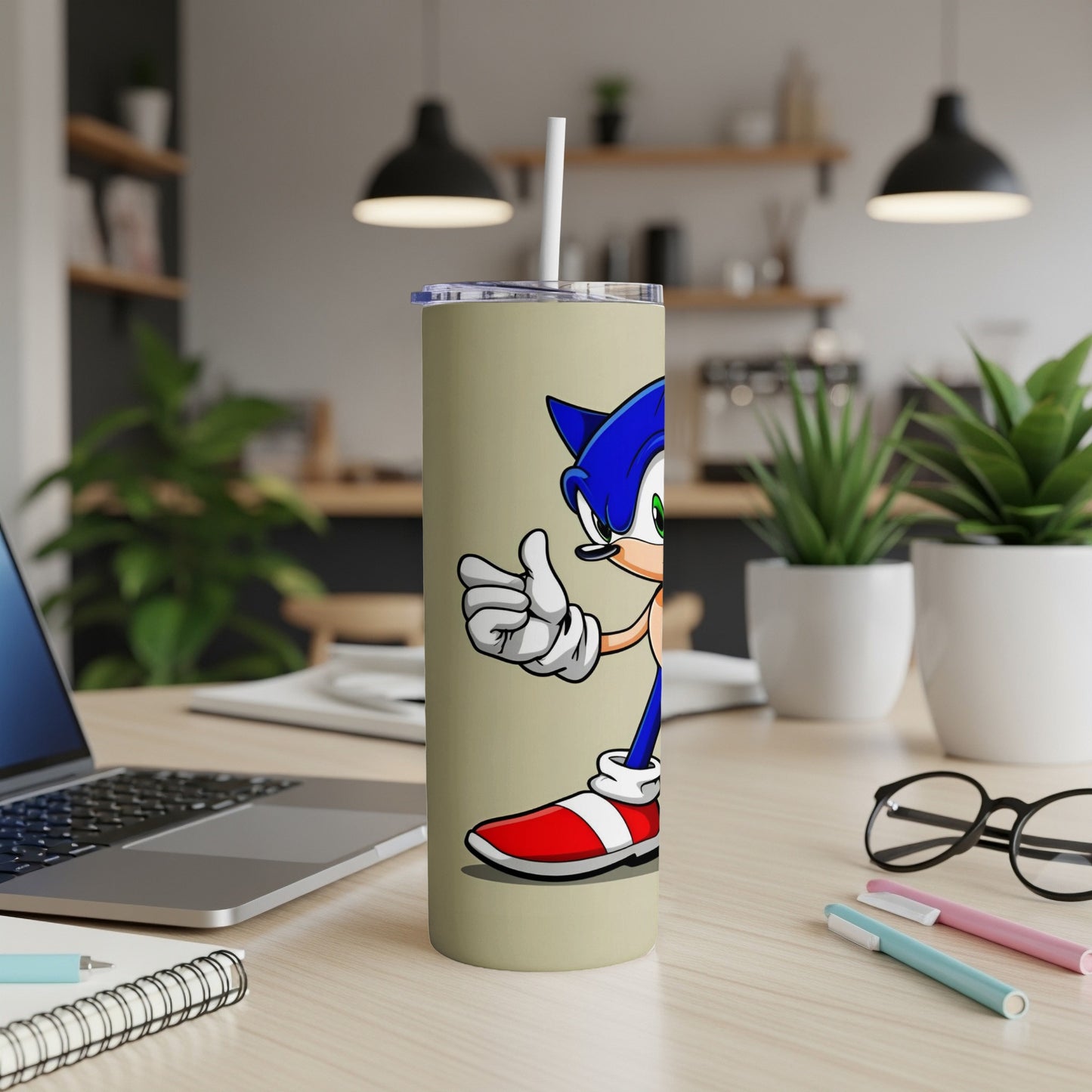Sonic the Hedgehog giving a thumbs up on a tan tumbler.
