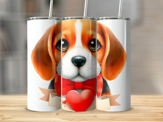 Beagle puppy with red bow and heart, shown on three tumblers.