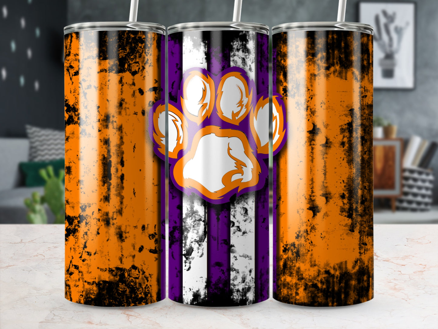 Orange Black and Purple Paw Print Design Tumbler