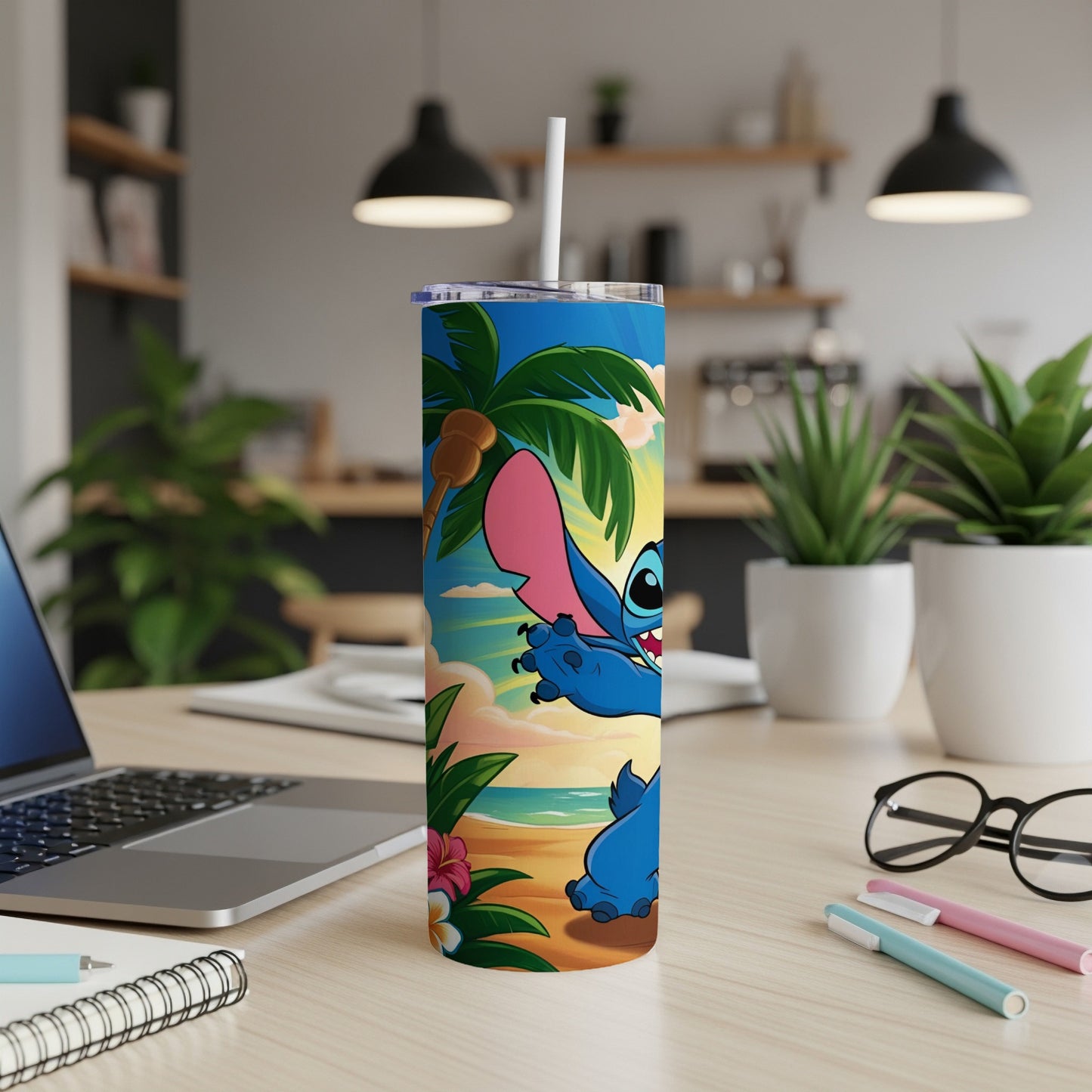 Lilo & Stitch character on a tropical beach, on a tumbler with straw.