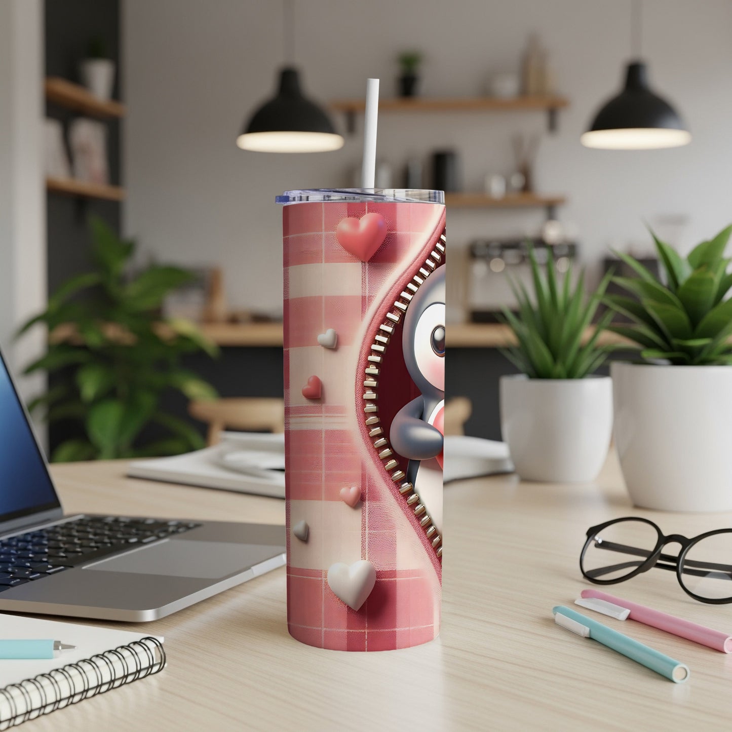 Pink plaid tumbler with cute penguin graphic and white straw.