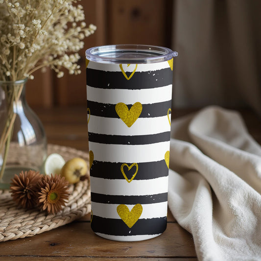 Black and White Striped Tumbler with Yellow Hearts