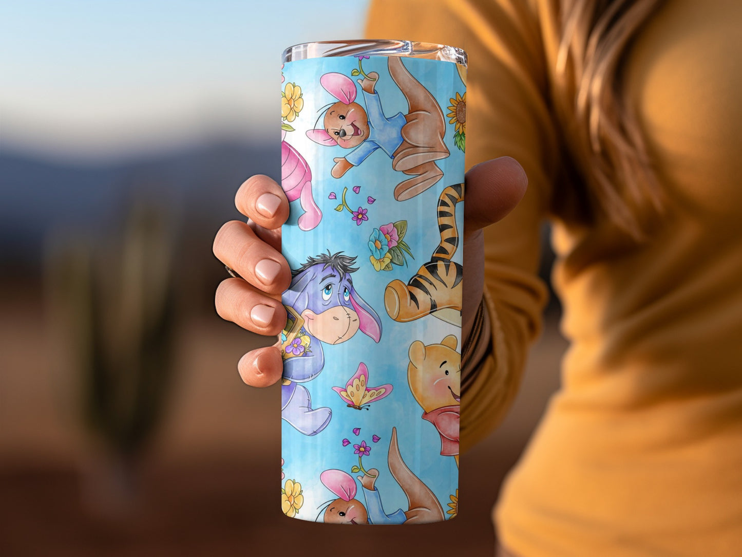 Winnie the Pooh and Friends Flowers Blue Background Tumblers