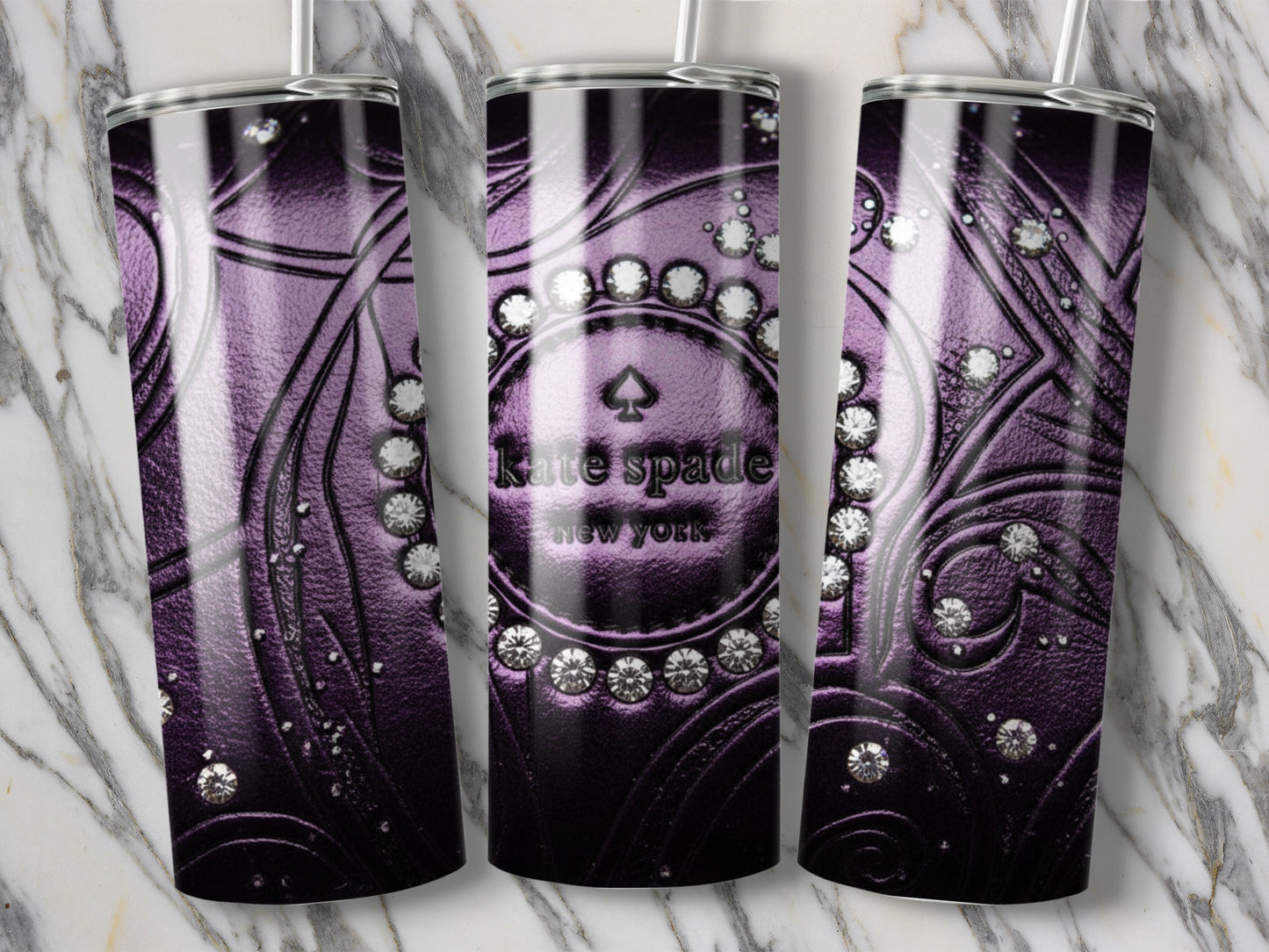 Kate Spade Inspired New York Embossed Design On Purple Tumblers