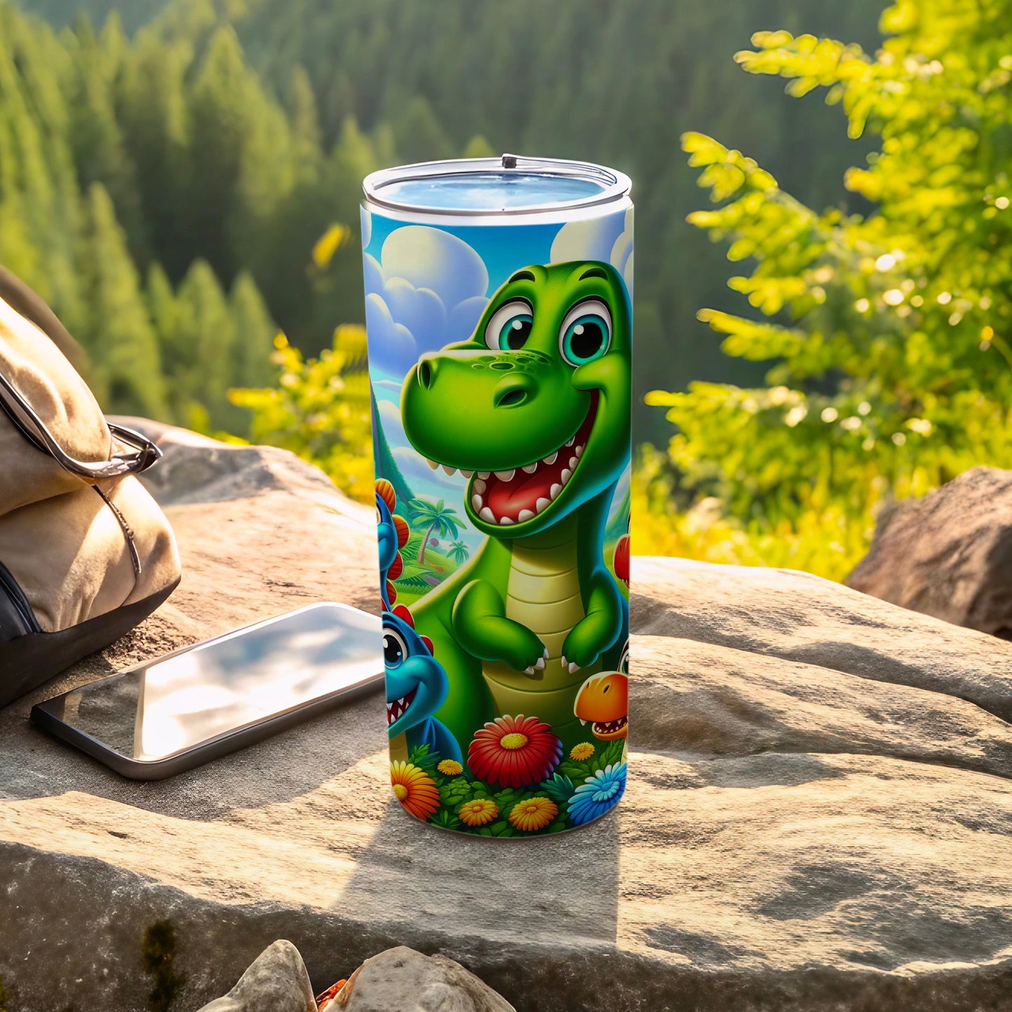 Happy Green Dino Cartoon Flower Pattern Tumbler product type