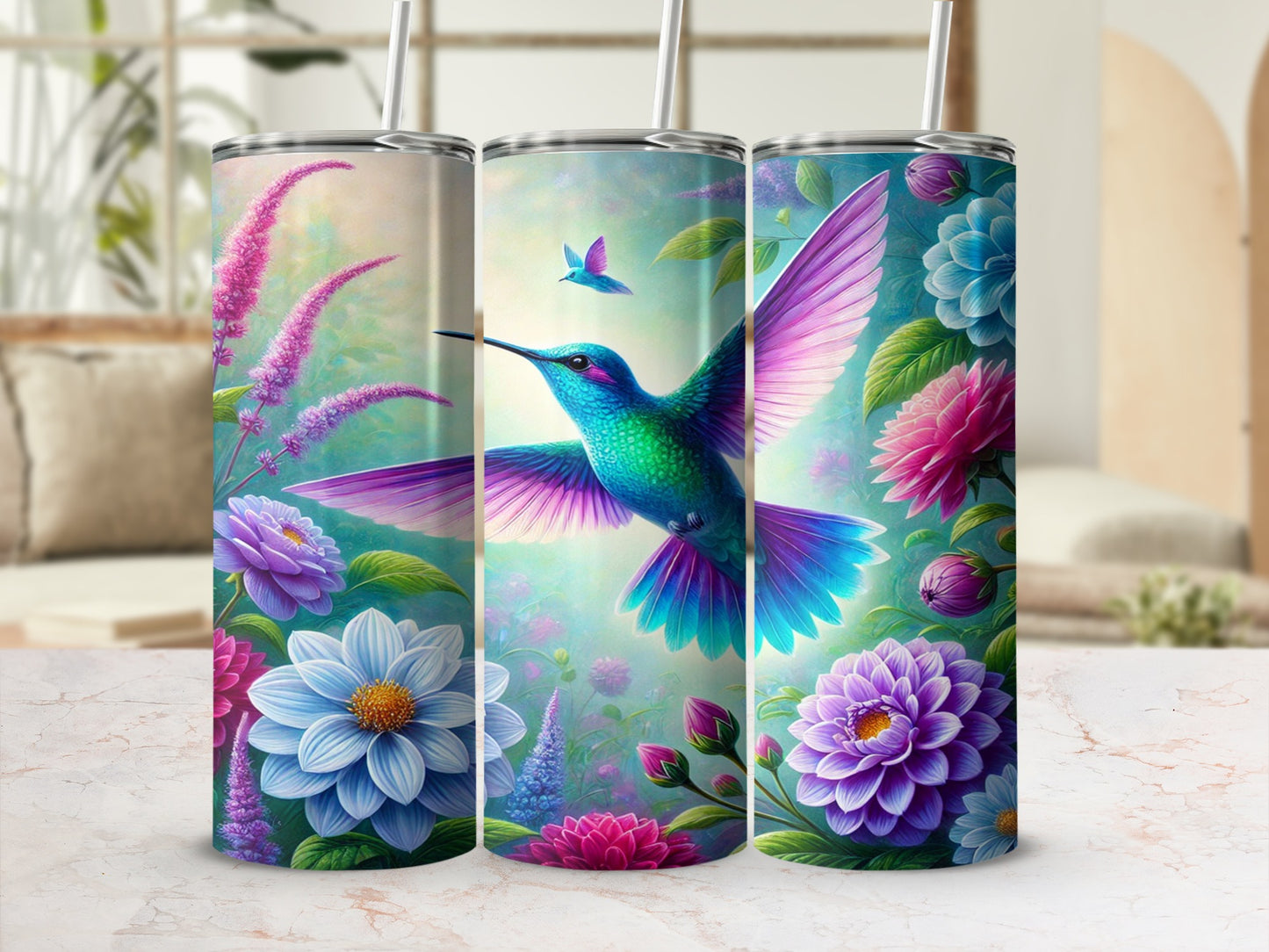 Colorful Hummingbird and Floral Design Tumbler Product