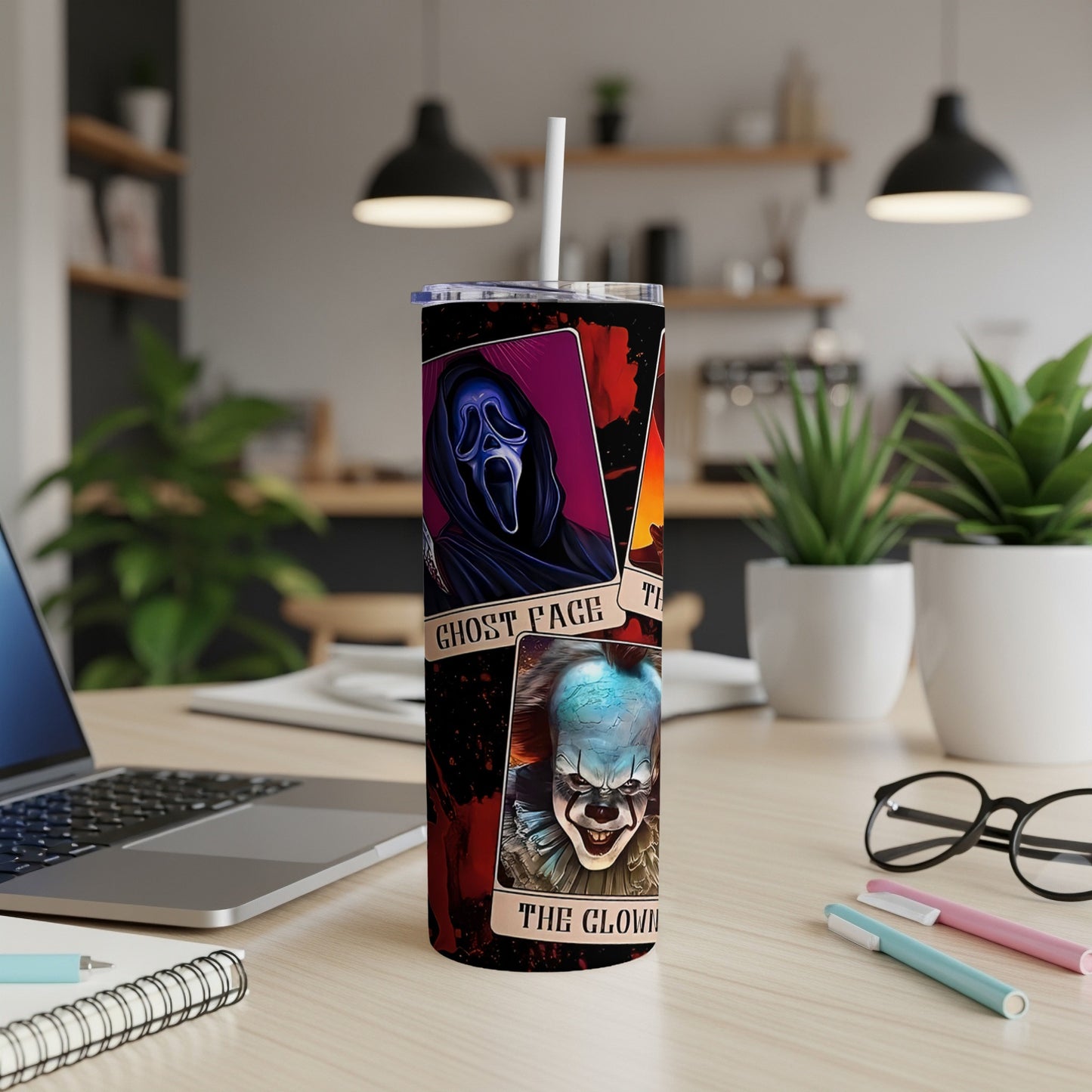Tall tumbler with Ghostface and Pennywise horror movie characters.