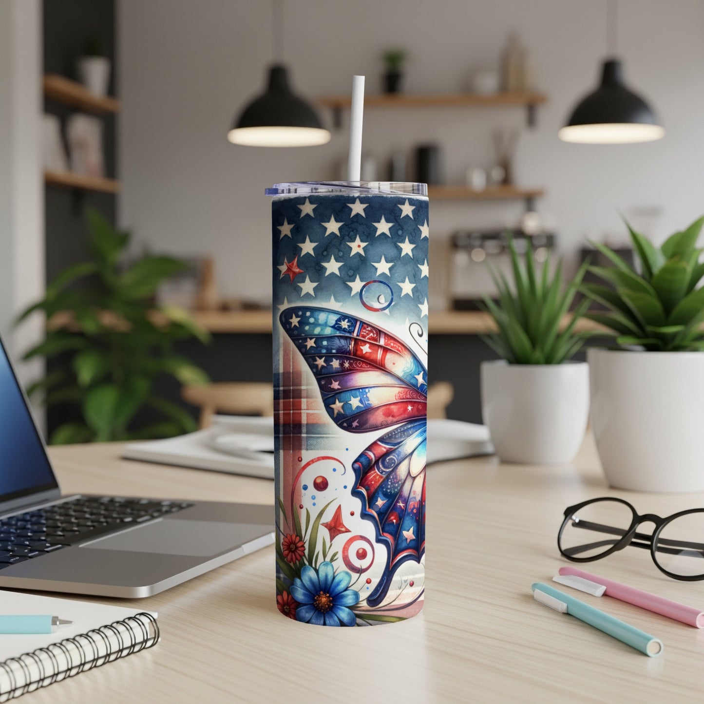 American flag butterfly tumbler with patriotic plaid and floral accents.