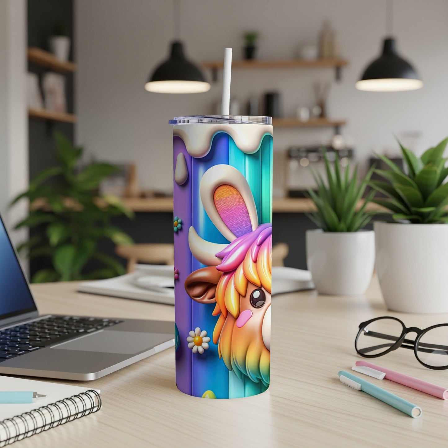 Rainbow llama and colorful Easter eggs on a tumbler.