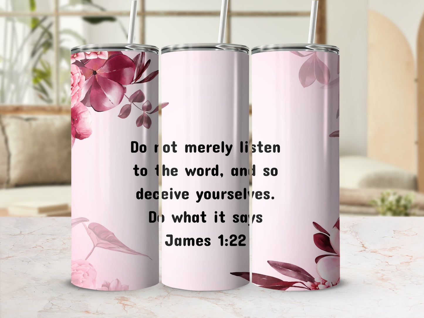 Floral Design Tumbler with Motivational Bible Verse
