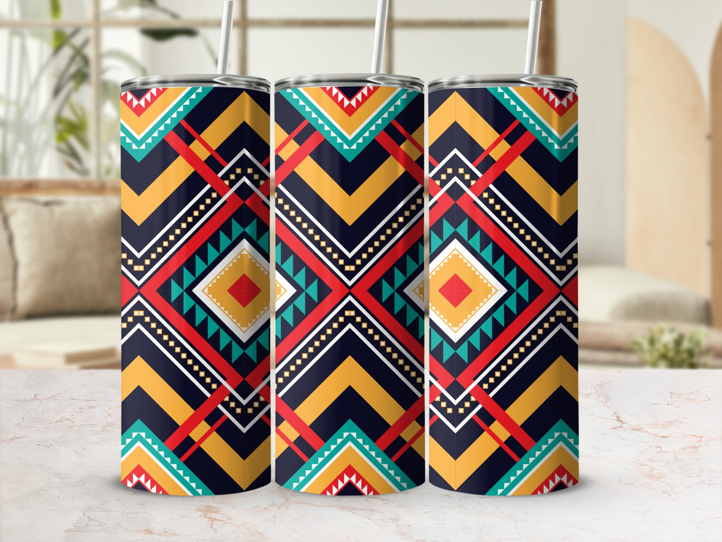 Vibrant Geometric Pattern Stainless Steel Tumbler