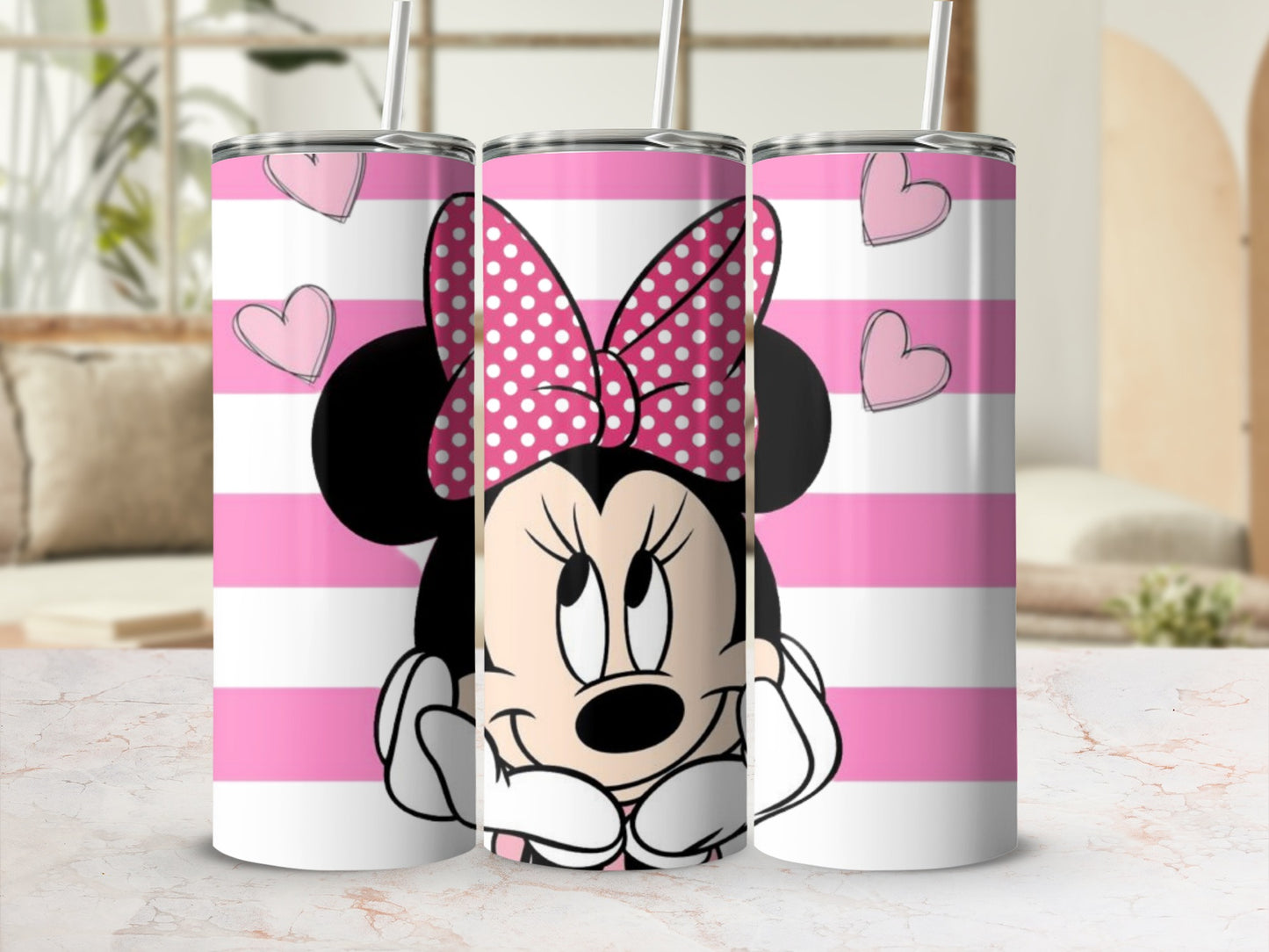 Minnie Mouse Pink Hearts Striped Tumbler Design