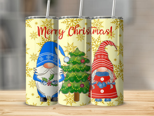 Three tumblers with gnomes and a Christmas tree, saying "Merry Christmas!"