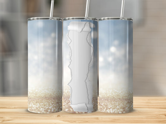 Three tumblers with a glittery bokeh background, one with a torn paper effect.