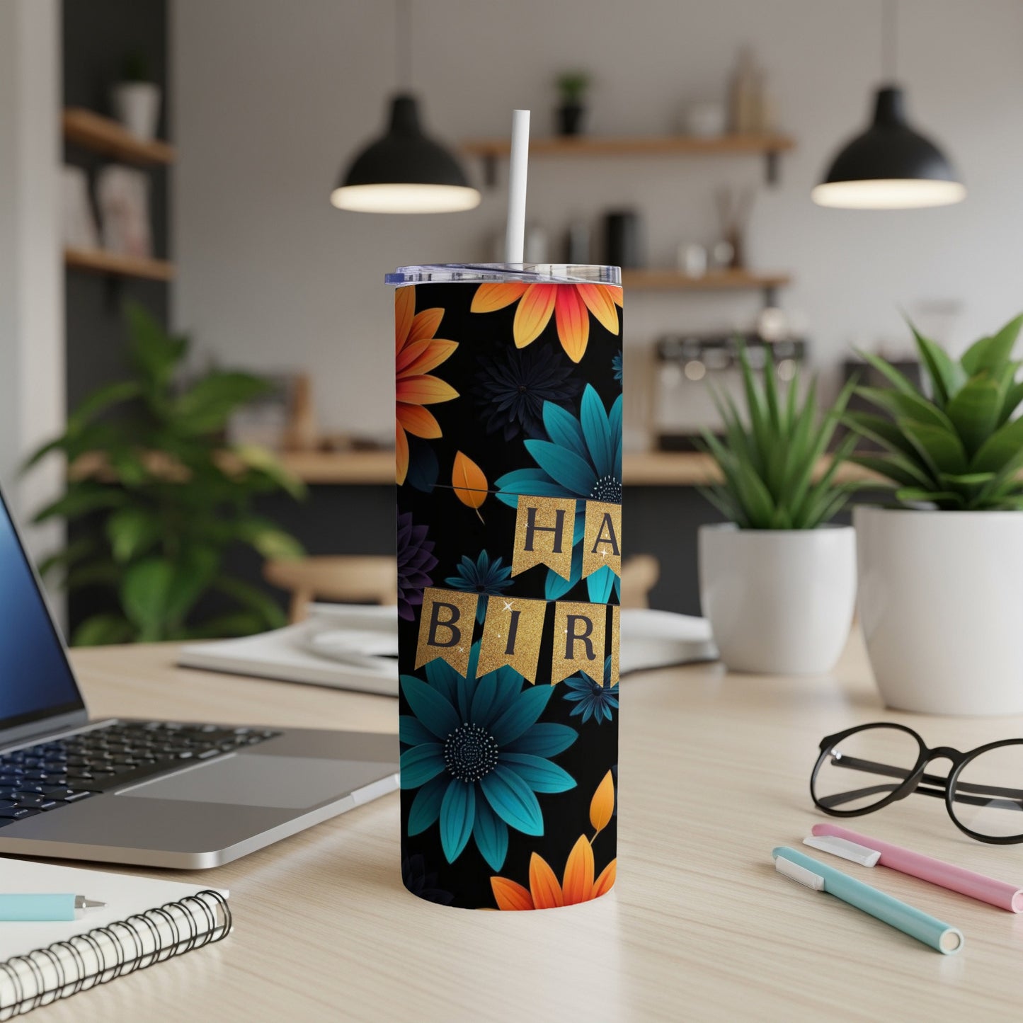 Tumbler with floral pattern and "Happy Birthday" banner.
