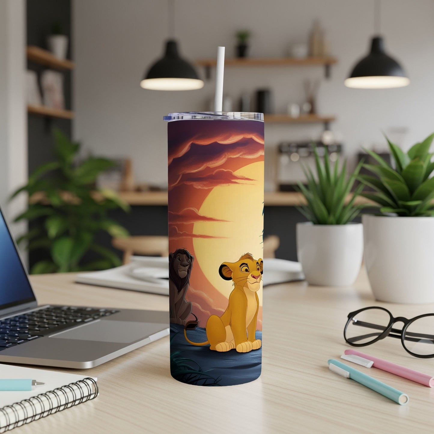 Simba and Mufasa from The Lion King on a sunset background.