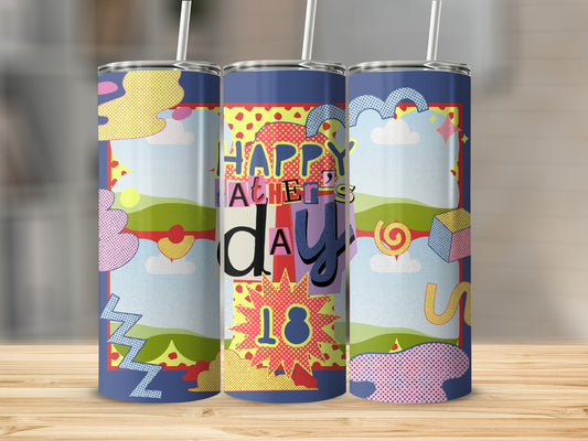 Tumblers with "Happy Father's Day" and a "18" graphic in a colorful, abstract design.