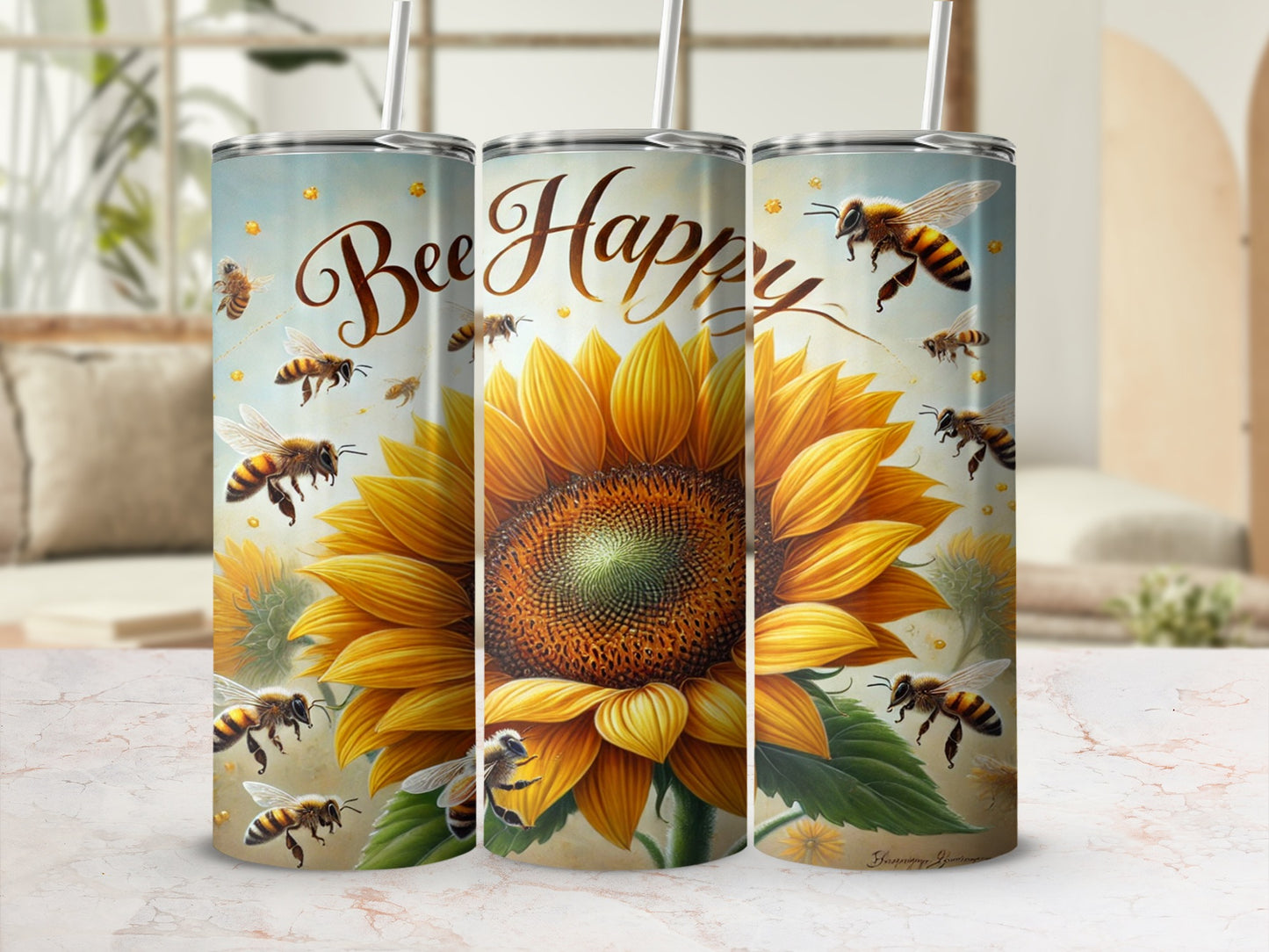 Bee Happy Sunflower Themed Beverage Tumbler