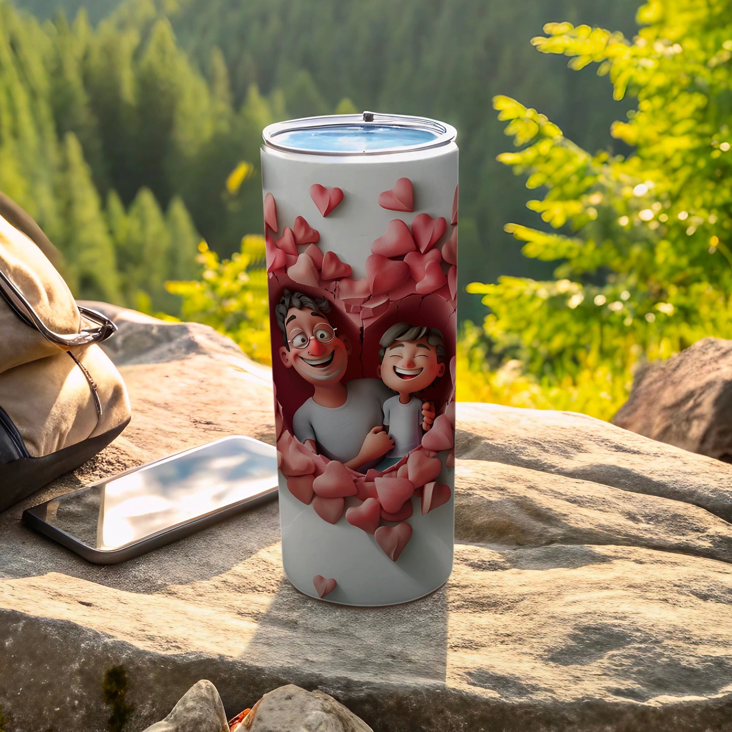 Father and son smiling, surrounded by pink hearts on a tumbler.