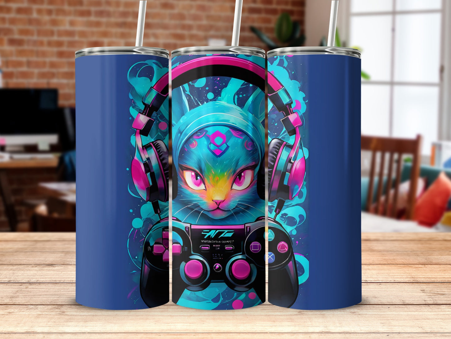 Colorful Cat Gamer with Headphones Tumbler Design