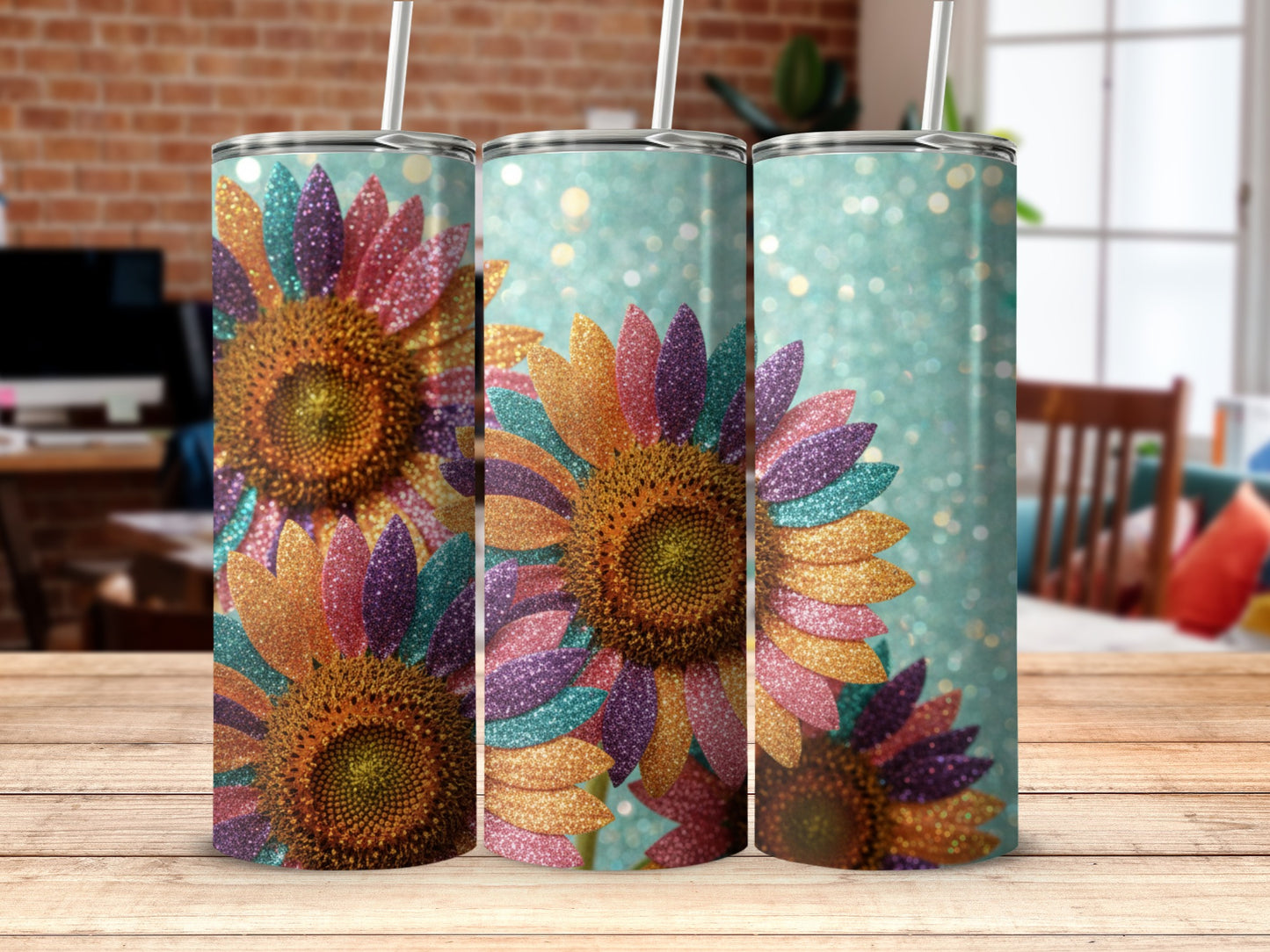 Glittery Sunflower Design Insulated Tumbler Product