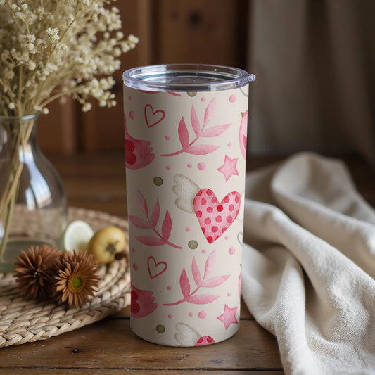 Pink and Heart Print Travel Mug for Hot and Cold Beverages