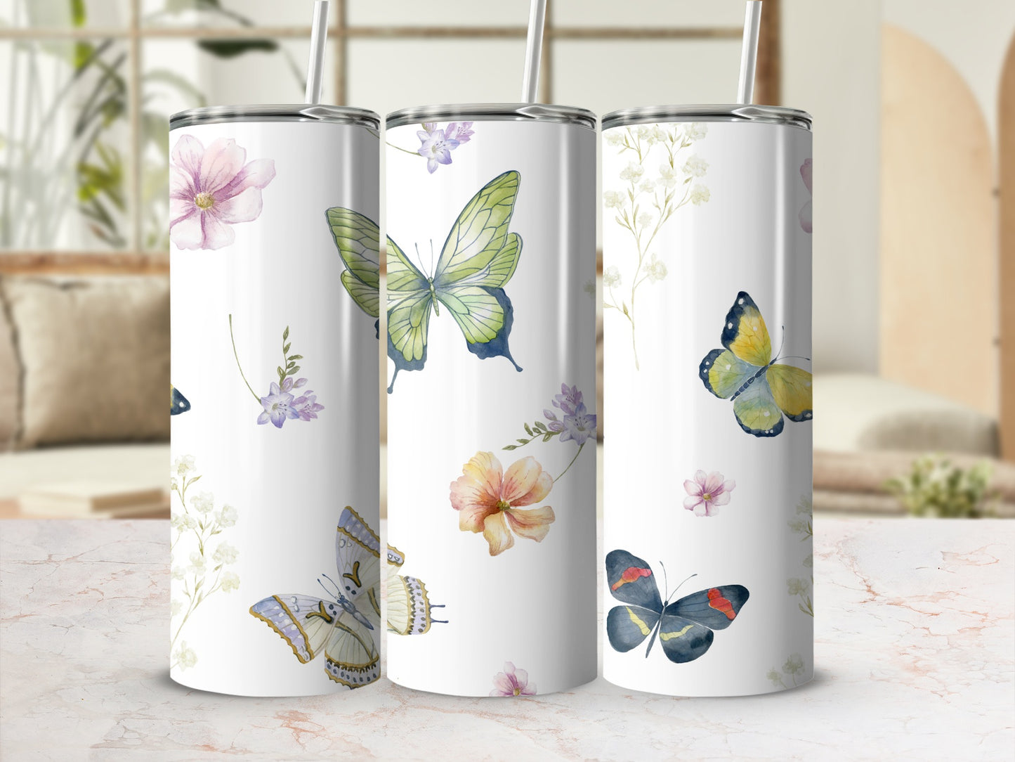 Floral and Butterfly Design Stainless Steel Tumbler