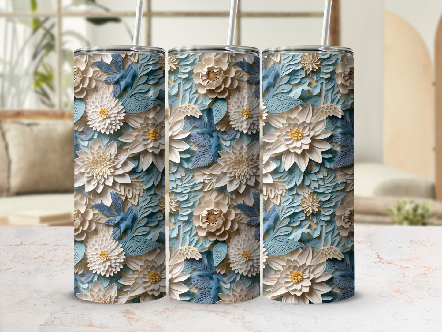 Floral Art Insulated Tumblers with Straws Cup Set