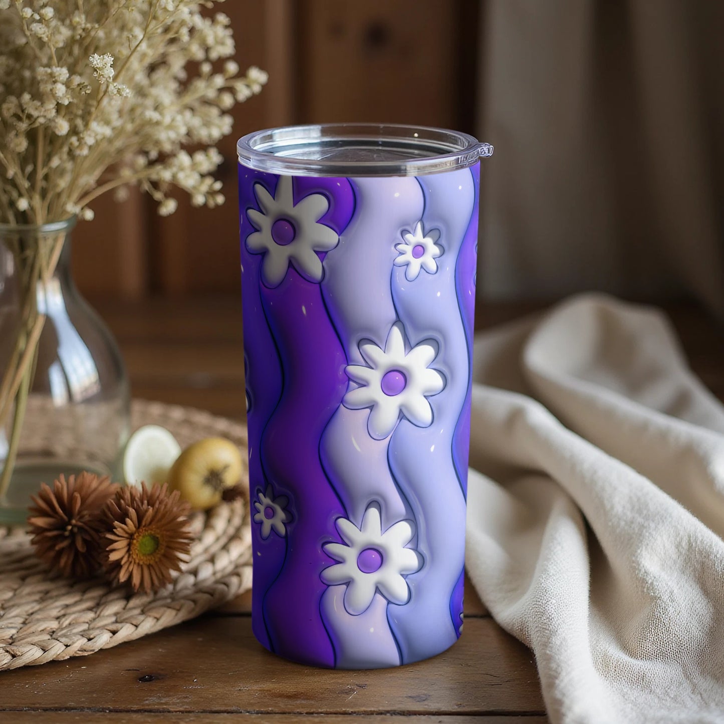 Purple and White Floral Pattern Tumbler with Wavy Design