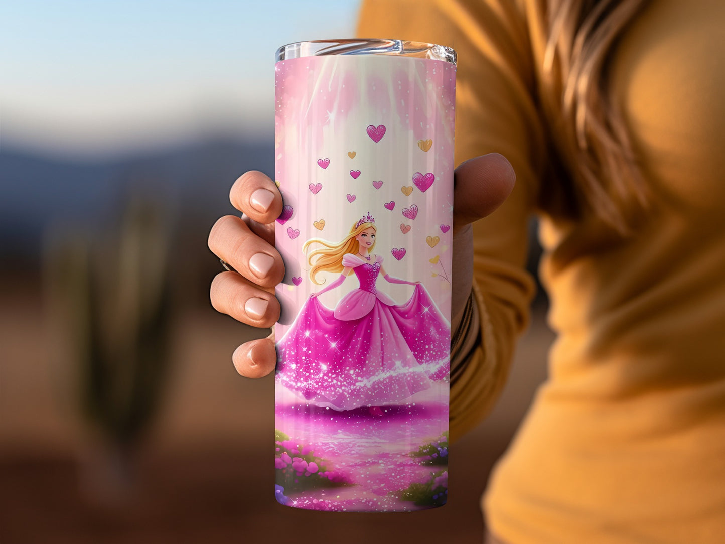 Princess at Garden with Hearts and Flowers Design Tumblers
