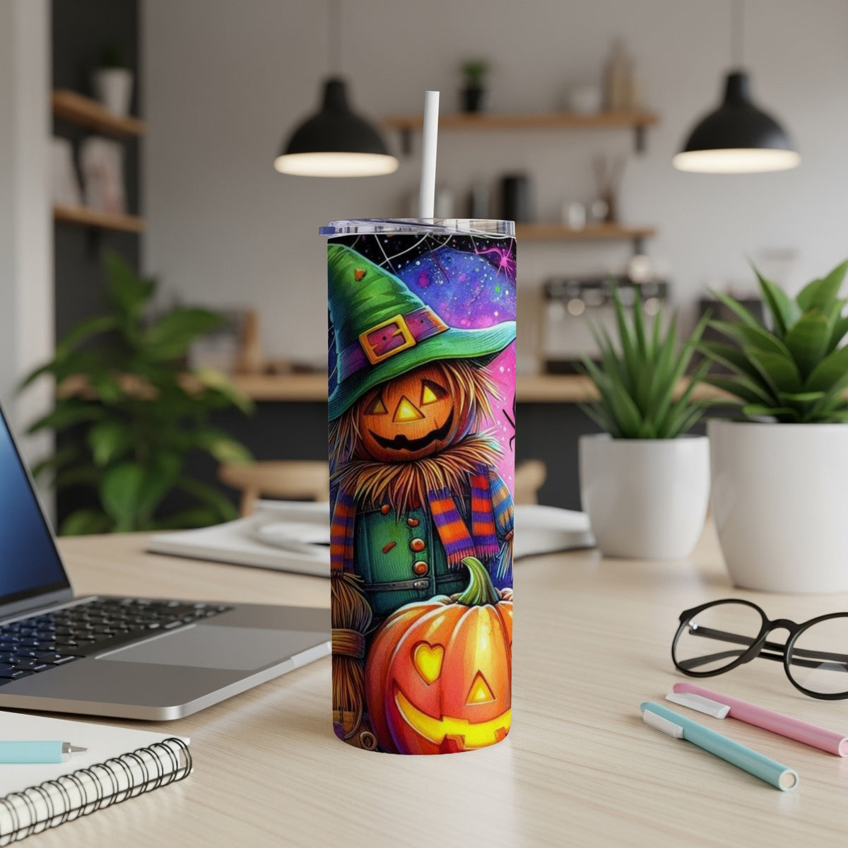 Halloween tumbler with scarecrow, pumpkin, and cosmic background.